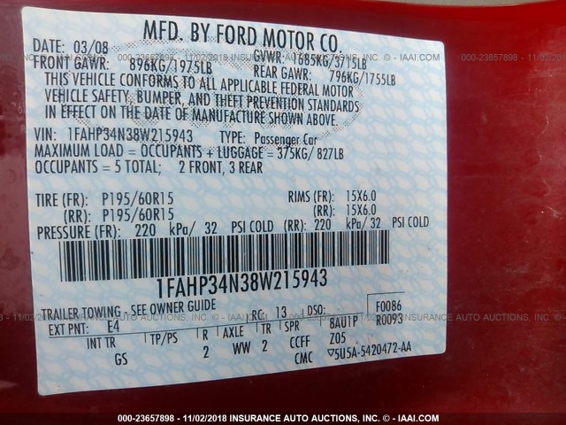 1FAHP34N38W215943 - 2008 FORD FOCUS S/SE RED photo 9