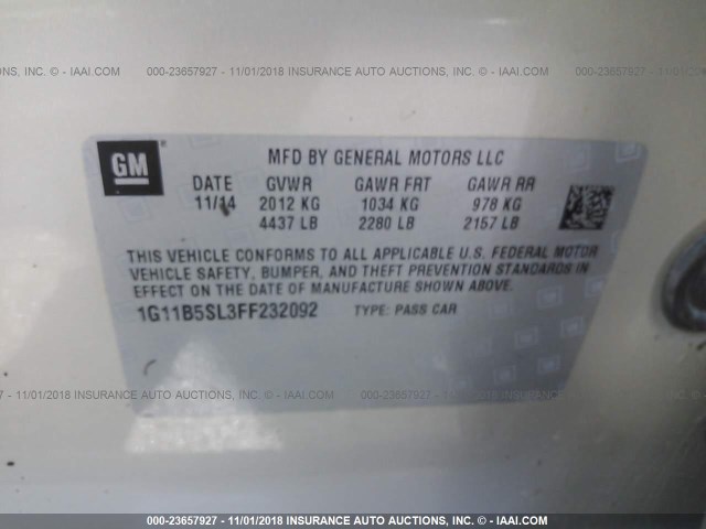 1G11B5SL3FF232092 - 2015 CHEVROLET MALIBU LS 棕色 照片 9