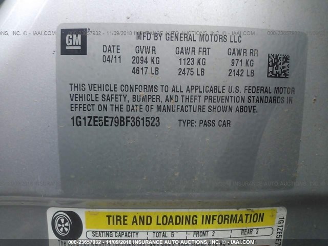 1G1ZE5E79BF361523 - 2011 CHEVROLET MALIBU LTZ SILVER photo 9