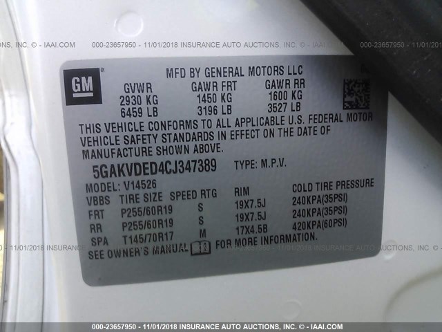 5GAKVDED4CJ347389 - 2012 BUICK ENCLAVE WHITE photo 9