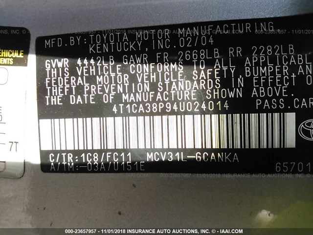 4T1CA38P94U024014 - 2004 TOYOTA CAMRY SOLARA SE/SLE Gümüş foto 9