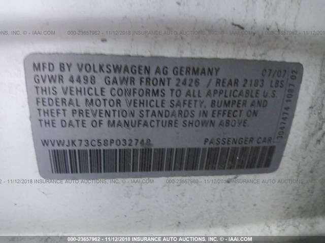 WVWJK73C58P032748 - 2008 VOLKSWAGEN PASSAT TURBO WHITE photo 9