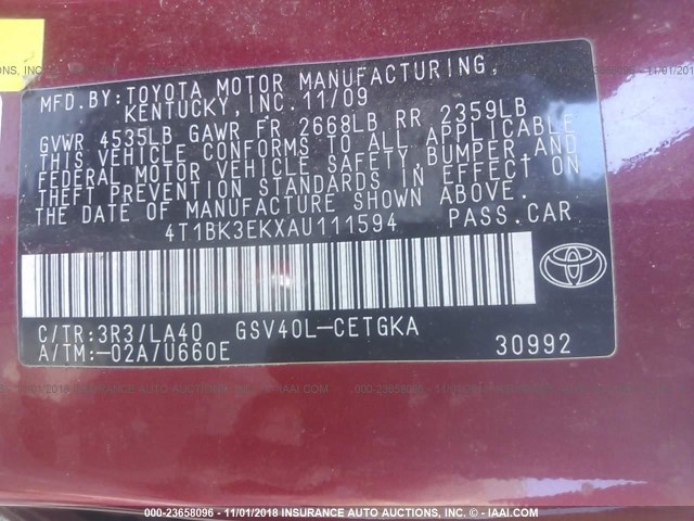 4T1BK3EKXAU111594 - 2010 TOYOTA CAMRY SE/LE/XLE RED photo 9