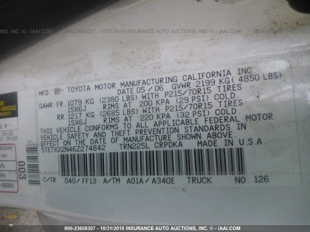 5TETX22N46Z274842 - 2006 TOYOTA TACOMA ACCESS CAB თეთრი ფოტო 9