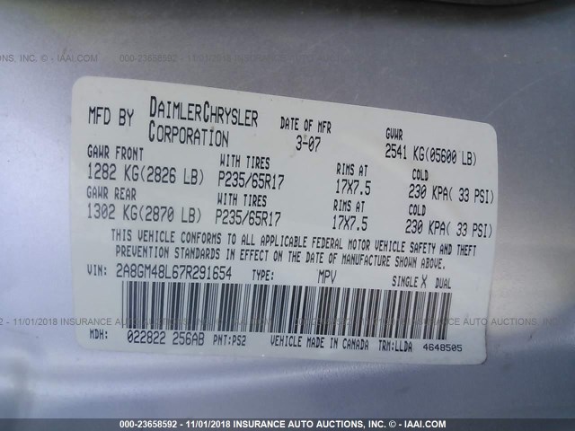 2A8GM48L67R291654 - 2007 CHRYSLER PACIFICA SILVER photo 9