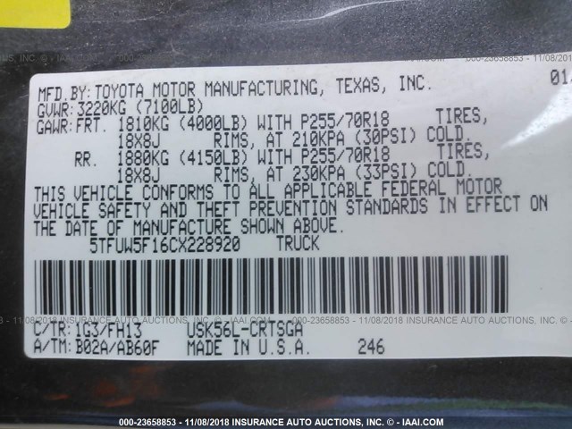 5TFUW5F16CX228920 - 2012 TOYOTA TUNDRA DOUBLE CAB SR5 GRAY photo 9