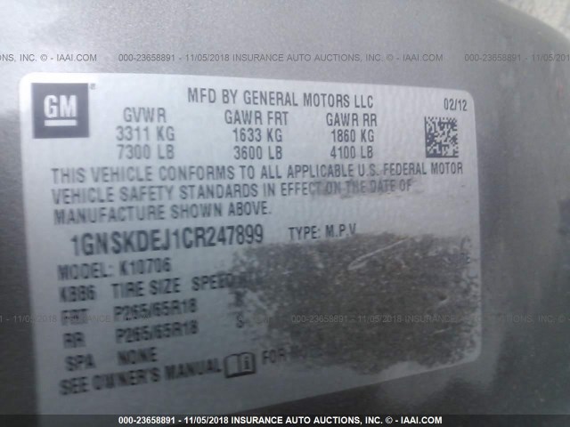 1GNSKDEJ1CR247899 - 2012 CHEVROLET TAHOE HYBRID GRAY photo 9