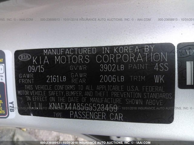 KNAFX4A85G5523459 - 2016 KIA FORTE EX SILVER photo 9