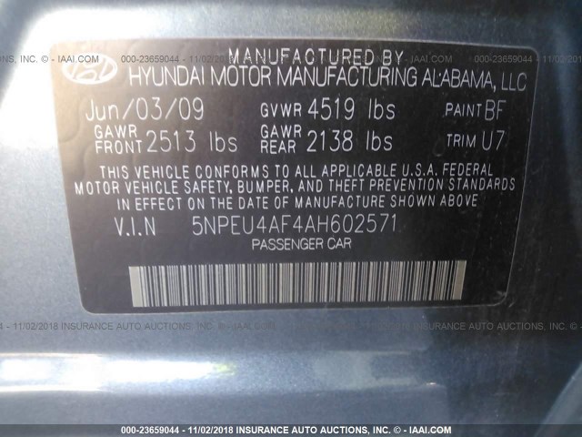 5NPEU4AF4AH602571 - 2010 HYUNDAI SONATA SE/LIMITED GRAY photo 9