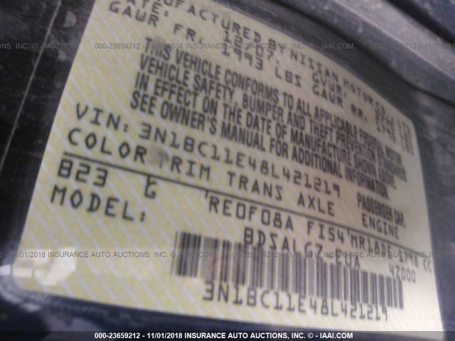 3N1BC11E48L421219 - 2008 NISSAN VERSA S/SL BLUE photo 9