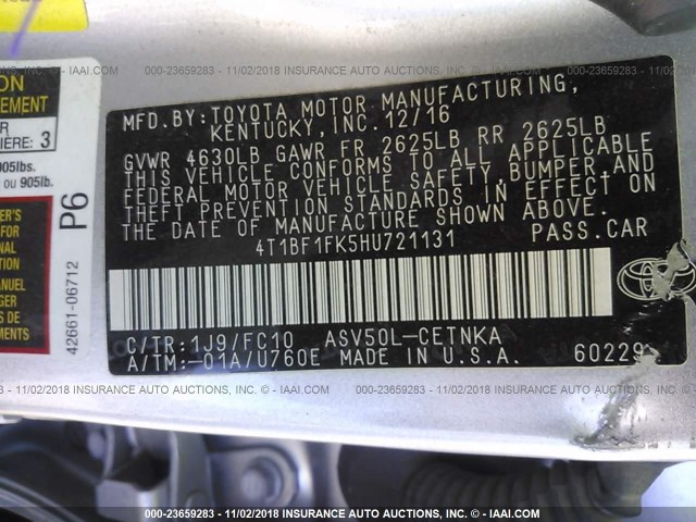 4T1BF1FK5HU721131 - 2017 TOYOTA CAMRY LE/XLE/SE/XSE SILVER photo 9