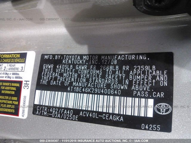 4T1BE46K29U400640 - 2009 TOYOTA CAMRY SE/LE/XLE TAN photo 9