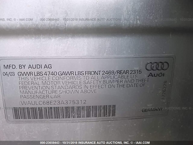 WAULC68E23A375312 - 2003 AUDI A4 1.8T QUATTRO SILVER photo 9