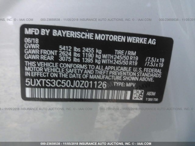 5UXTS3C50J0Z01126 - 2018 BMW X3 XDRIVE30I Күміс фото 9