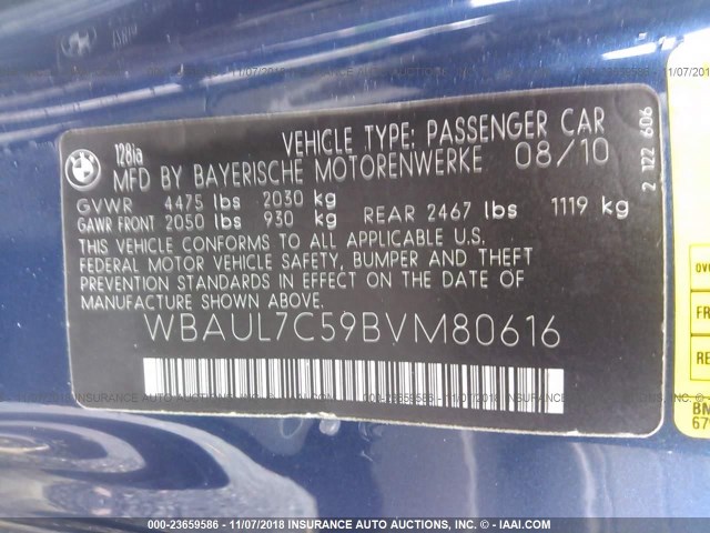 WBAUL7C59BVM80616 - 2011 BMW 128 I BLUE photo 9