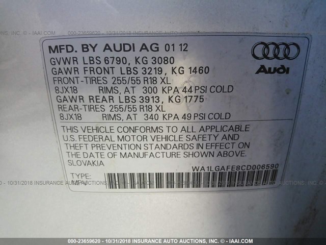 WA1LGAFE8CD006590 - 2012 AUDI Q7 PREMIUM PLUS SILVER photo 9