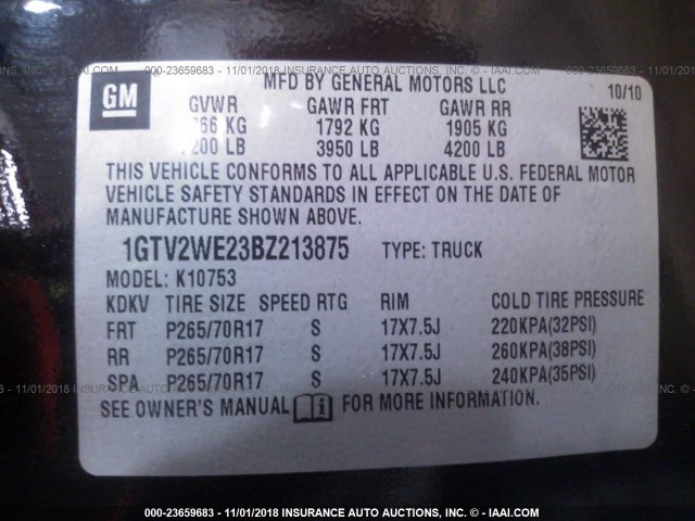 1GTV2WE23BZ213875 - 2011 GMC SIERRA K1500 SLT BLACK photo 9