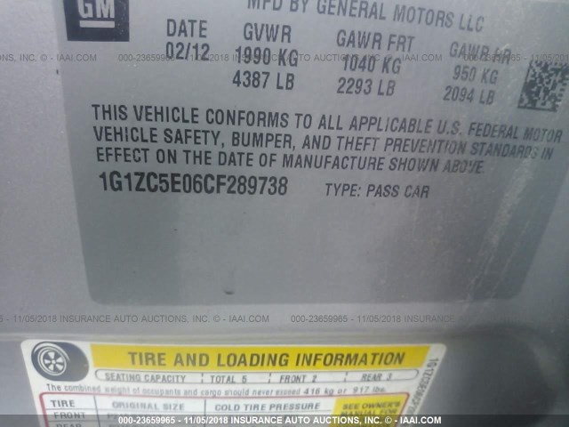 1G1ZC5E06CF289738 - 2012 CHEVROLET MALIBU 1LT SILVER photo 9