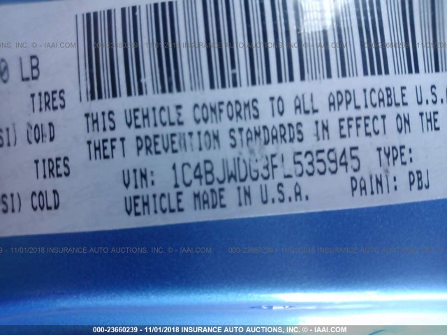 1C4BJWDG3FL535945 - 2015 JEEP WRANGLER UNLIMITE SPORT BLUE photo 9