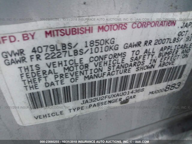 JA32U2FUXAU014368 - 2010 MITSUBISHI LANCER ES/ES SPORT SILVER photo 9