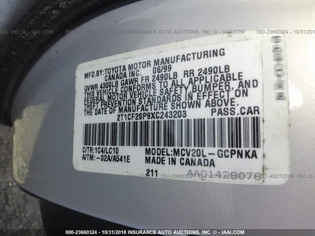 2T1CF28P9XC243203 - 1999 TOYOTA CAMRY SOLARA SE/SLE ვერცხლისფერი ფოტო 9