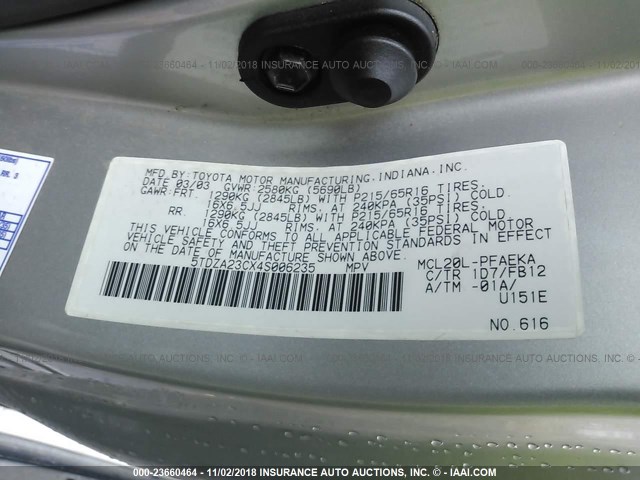 5TDZA23CX4S006235 - 2004 TOYOTA SIENNA CE/LE SILVER photo 9