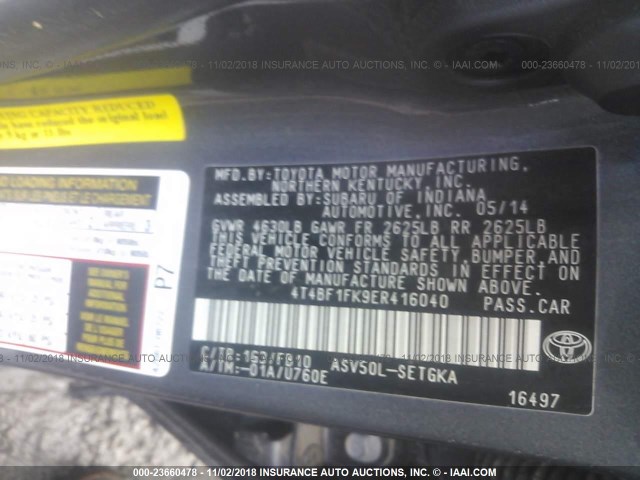 4T4BF1FK9ER416040 - 2014 TOYOTA CAMRY L/SE/LE/XLE 灰色 照片 9