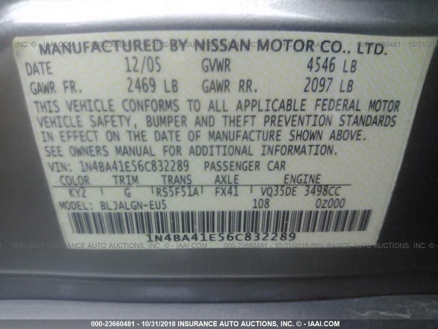 1N4BA41E56C832289 - 2006 NISSAN MAXIMA SE/SL GOLD photo 9