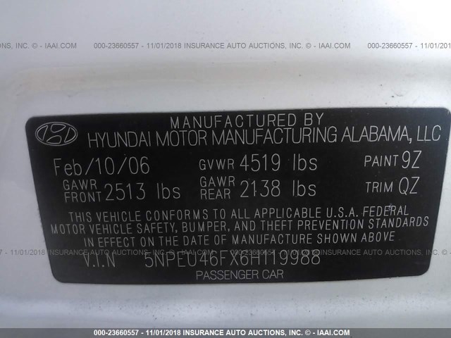 5NPEU46FX6H119988 - 2006 HYUNDAI SONATA GLS/LX WHITE photo 9