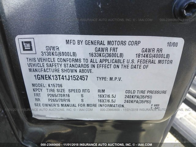 1GNEK13T41J152457 - 2001 CHEVROLET TAHOE K1500 BLACK photo 9