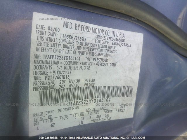 1FAFP5223YG188104 - 2000 FORD TAURUS LX 蓝色 照片 9