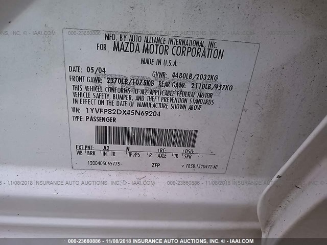 1YVFP82DX45N69204 - 2004 MAZDA 6 S WHITE photo 9