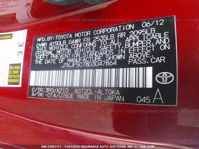 JTKJF5C78D3047864 - 2013 TOYOTA SCION TC 红色 照片 9