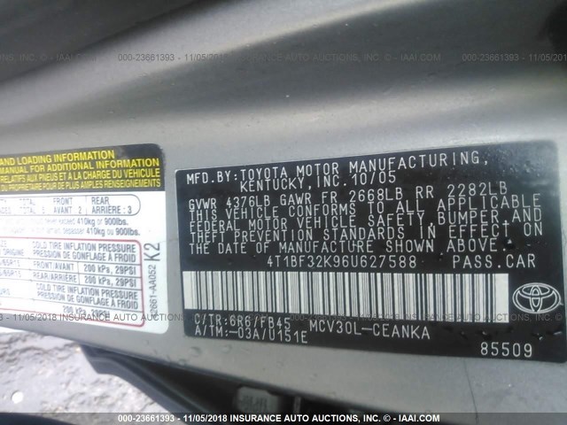 4T1BF32K96U627588 - 2006 TOYOTA CAMRY LE/XLE/SE SILVER photo 9