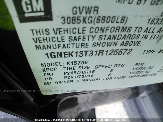 1GNEK13T31R125672 - 2001 CHEVROLET TAHOE K1500 BLACK photo 9