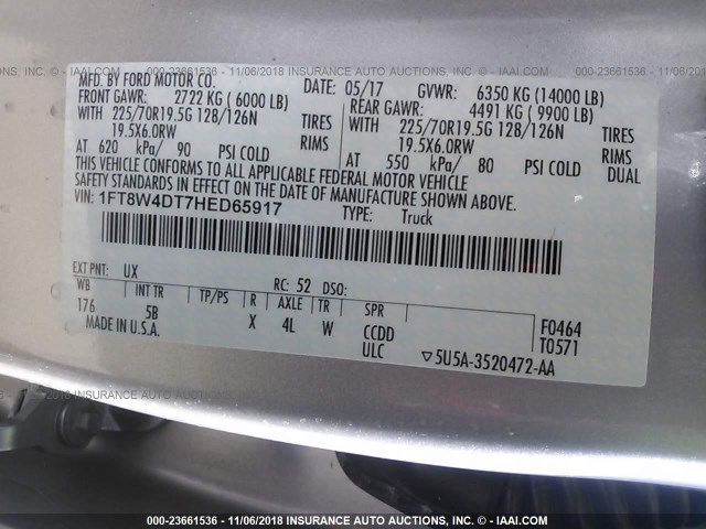 1FT8W4DT7HED65917 - 2017 FORD F450 SUPER DUTY SILVER photo 9