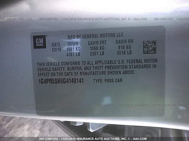 1G4PR5SK6G4149141 - 2016 BUICK VERANO CONVENIENCE SILVER photo 9