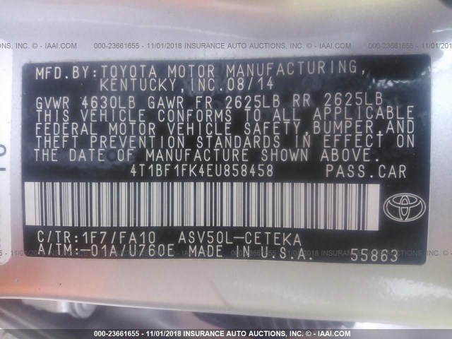 4T1BF1FK4EU858458 - 2014 TOYOTA CAMRY L/SE/LE/XLE SILVER photo 9