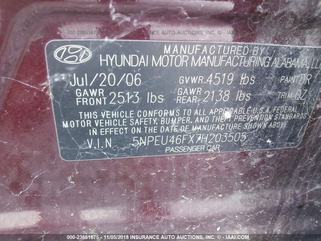 5NPEU46FX7H203505 - 2007 HYUNDAI SONATA SE/LIMITED MAROON photo 9