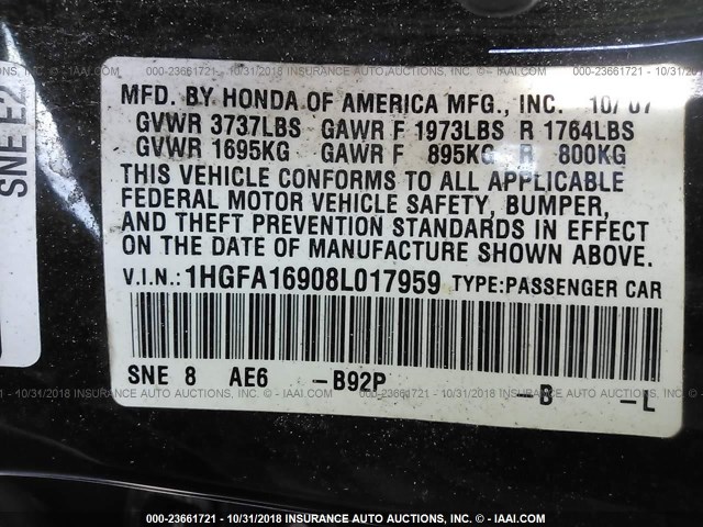 1HGFA16908L017959 - 2008 HONDA CIVIC EXL BLACK photo 9