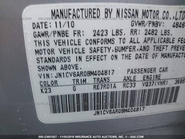 JN1CV6AR0BM404817 - 2011 INFINITI G37 SILVER photo 9