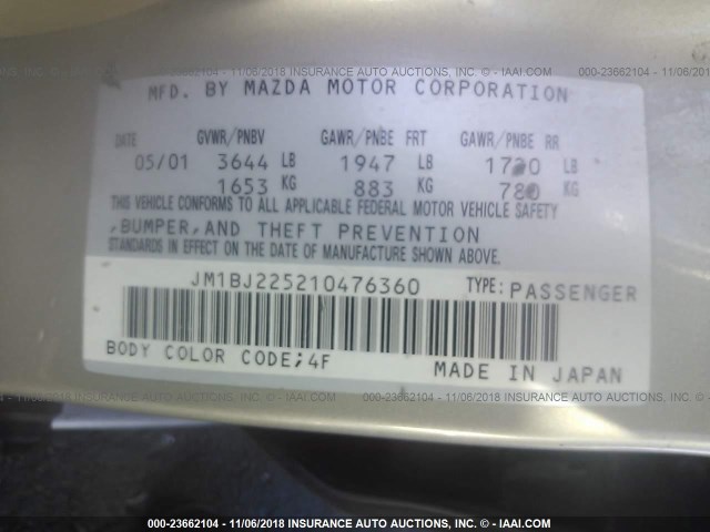 JM1BJ225210476360 - 2001 MAZDA PROTEGE LX/ES ბეჟი ფოტო 9