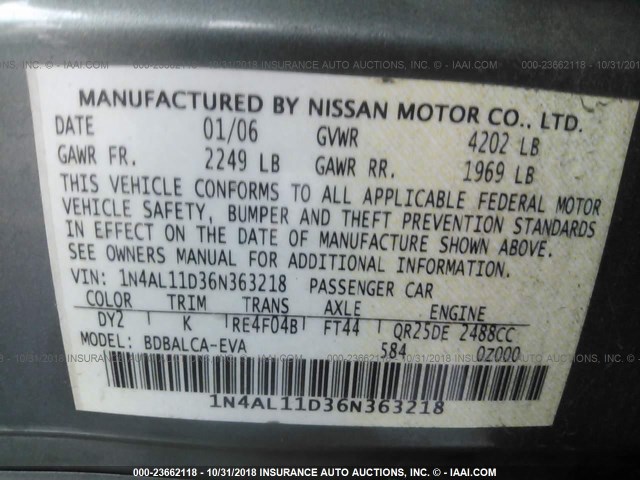 1N4AL11D36N363218 - 2006 NISSAN ALTIMA S/SL GREEN photo 9