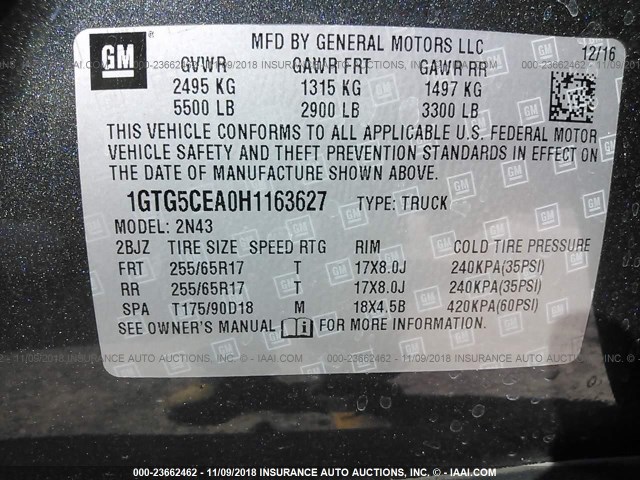 1GTG5CEA0H1163627 - 2017 GMC CANYON SLE GRAY photo 9