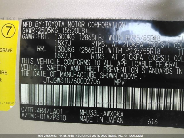 JTJGW31U760002706 - 2006 LEXUS RX 400 GOLD photo 9