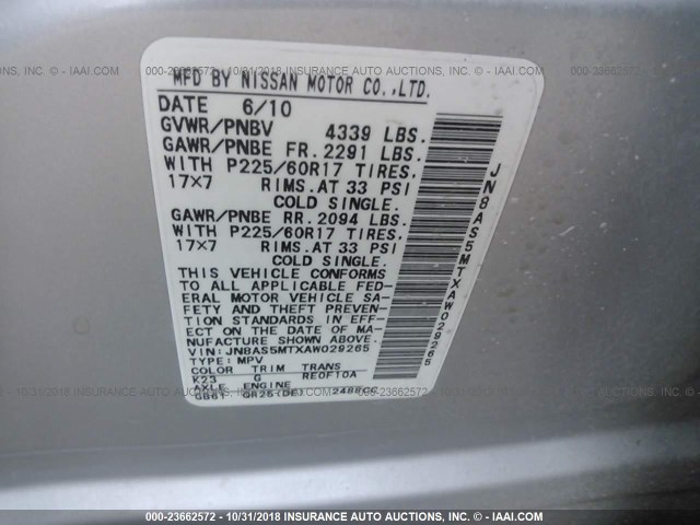 JN8AS5MTXAW029265 - 2010 NISSAN ROGUE S/SL/KROM SILVER photo 9