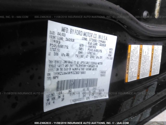 1FMZU64W93ZB01885 - 2003 FORD EXPLORER EDDIE BAUER BLACK photo 9