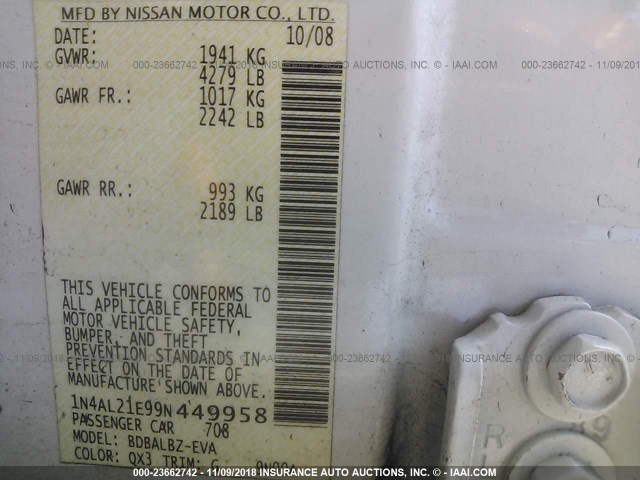 1N4AL21E99N449958 - 2009 NISSAN ALTIMA 2.5/2.5S WHITE photo 9