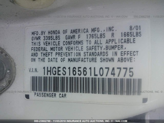 1HGES16561L074775 - 2001 HONDA CIVIC LX WHITE photo 9