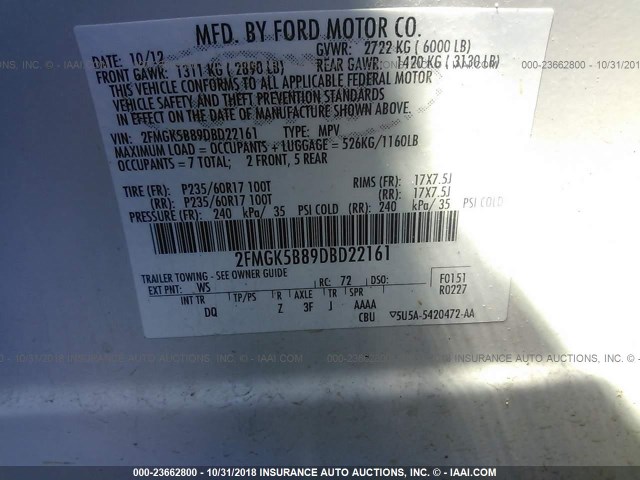 2FMGK5B89DBD22161 - 2013 FORD FLEX SE WHITE photo 9